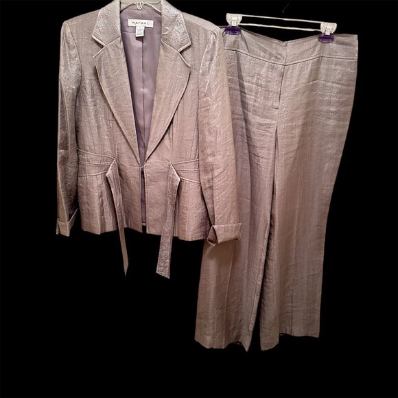 Light Gray Sheen Belted Jacket & Wide-Leg Pants Set - Picture 1 of 15